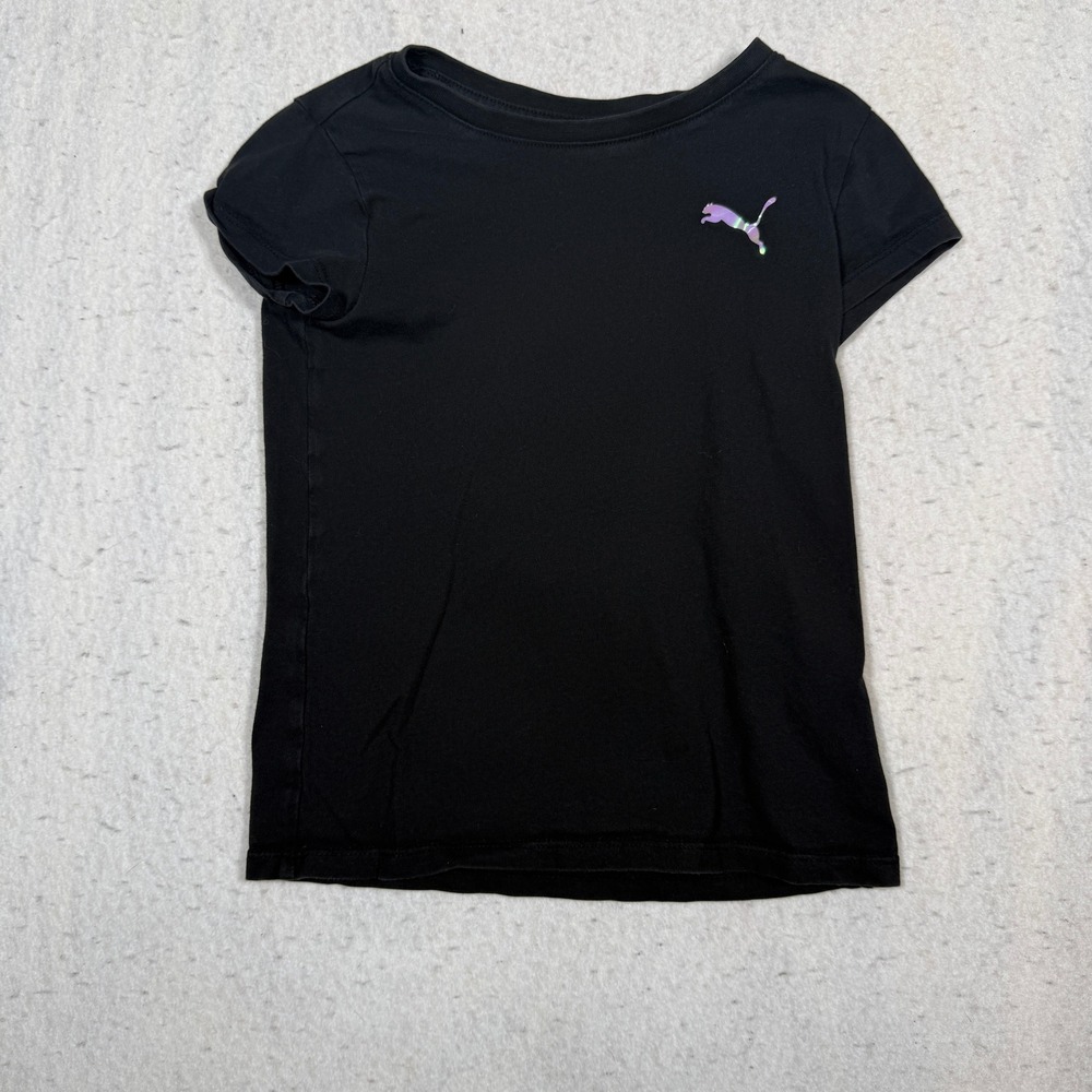 Puma Girls Black Iridescent Logo Short Sleeve Active Tee Shirt Size 6